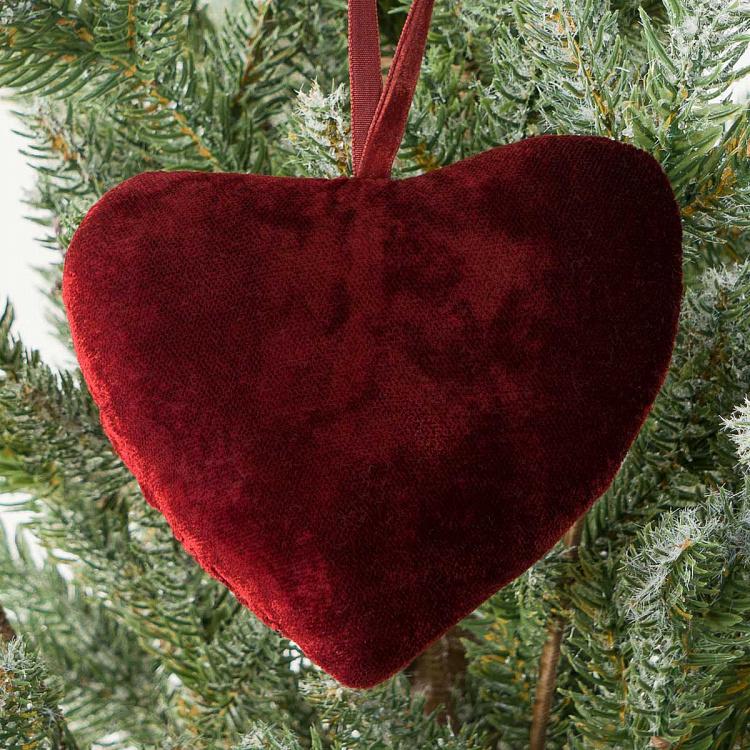 Ёлочная игрушка Красное бархатное сердце с золотистым орнаментом из бисера Bead Ornament Velvet Heart Red 10 cm