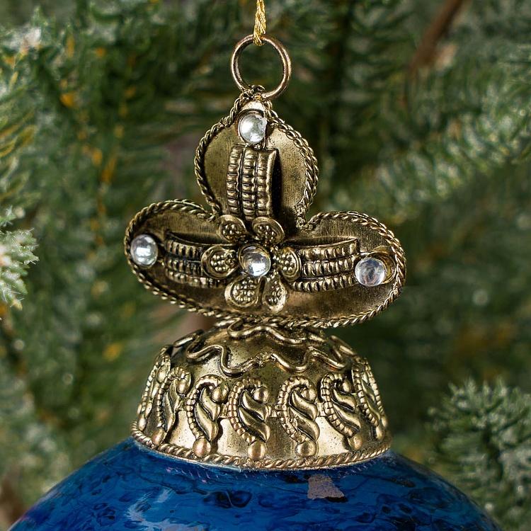 Ёлочная игрушка Синий шар с металлической верхушкой Metal Base Ball Aged Blue 10 cm