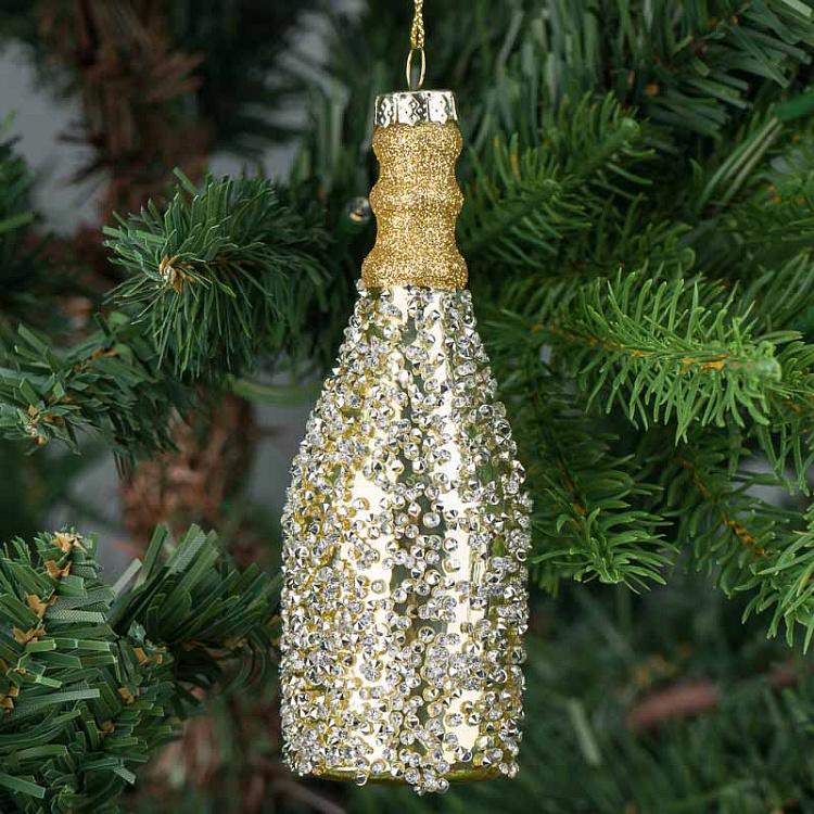 Ёлочная игрушка с бисером Бутылка шампанского Glass Beaded Champagne Bottle Gold 12,5 cm