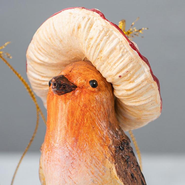 Набор из двух ёлочных игрушек Птицы под мухоморами Set Of 2 Mushroom Birds Brown/Red 12,5 cm