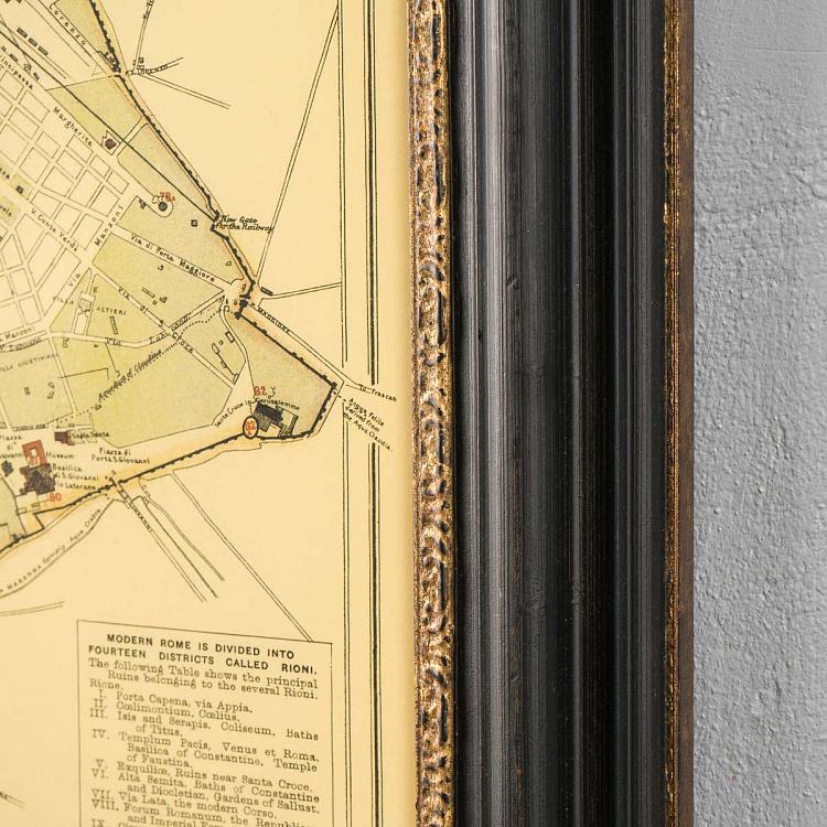 Винтажная картина-принт в чёрной с золотом раме Старинные карты Рим, Италия, 1883  Vintage Maps Rome, Italy, 1883, MP1 Frame