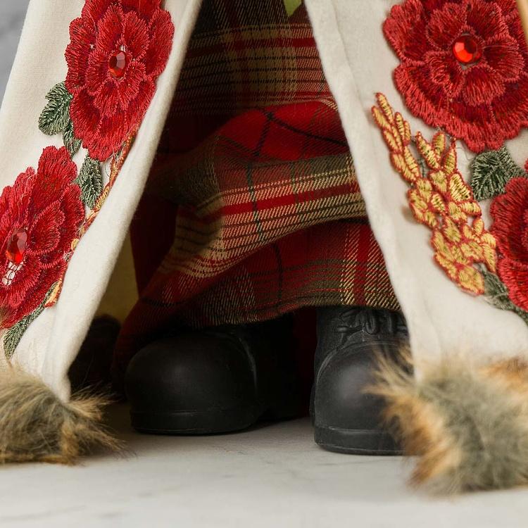 Новогодняя фигурка Санта в белой с цветочным узором шубе Santa Claus In White Fur Coat With Flowers 46 cm