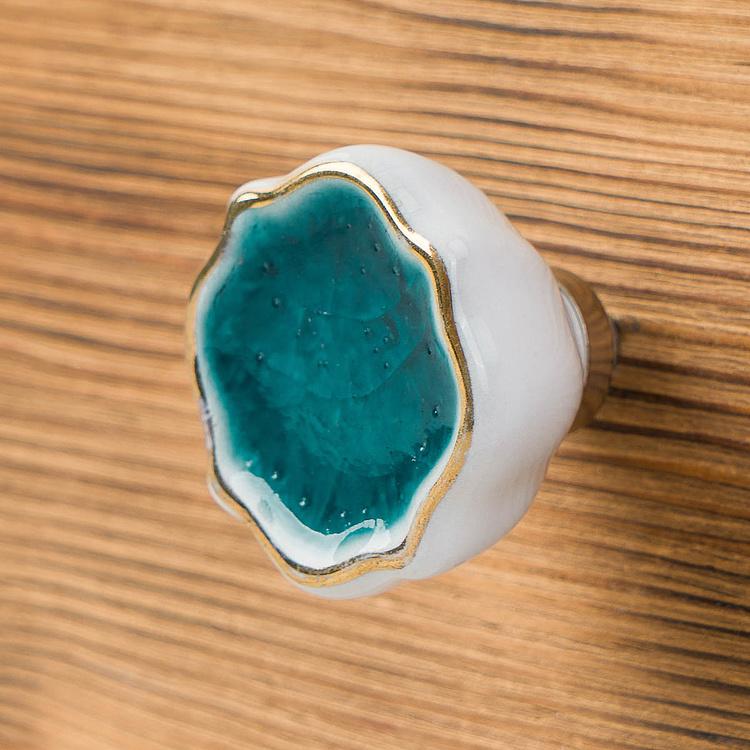 Керамическая мебельная ручка с кракелюром Четырёхлистник синий Cracked Glass Quatrefoil Gold Ceramic Knob Blue