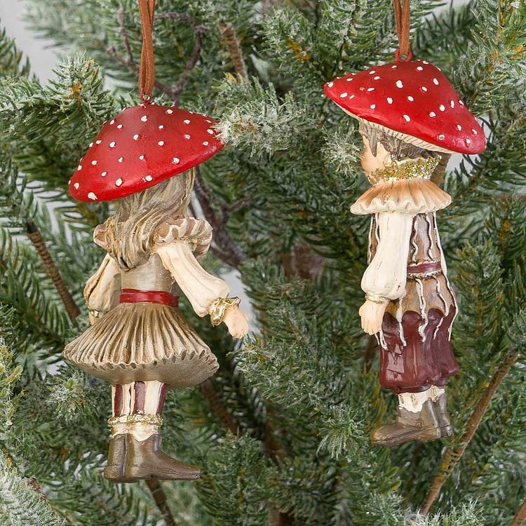Набор из двух ёлочных игрушек Дети в костюме грибов Set Of 2 Mushroom Kids Red Brown 13 cm