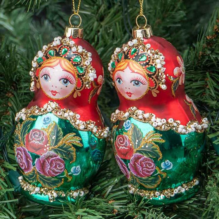Набор из двух ёлочных игрушек Матрёшки Set Of 2 Glass Matryoshka Dolls Red/Green 10,5 cm