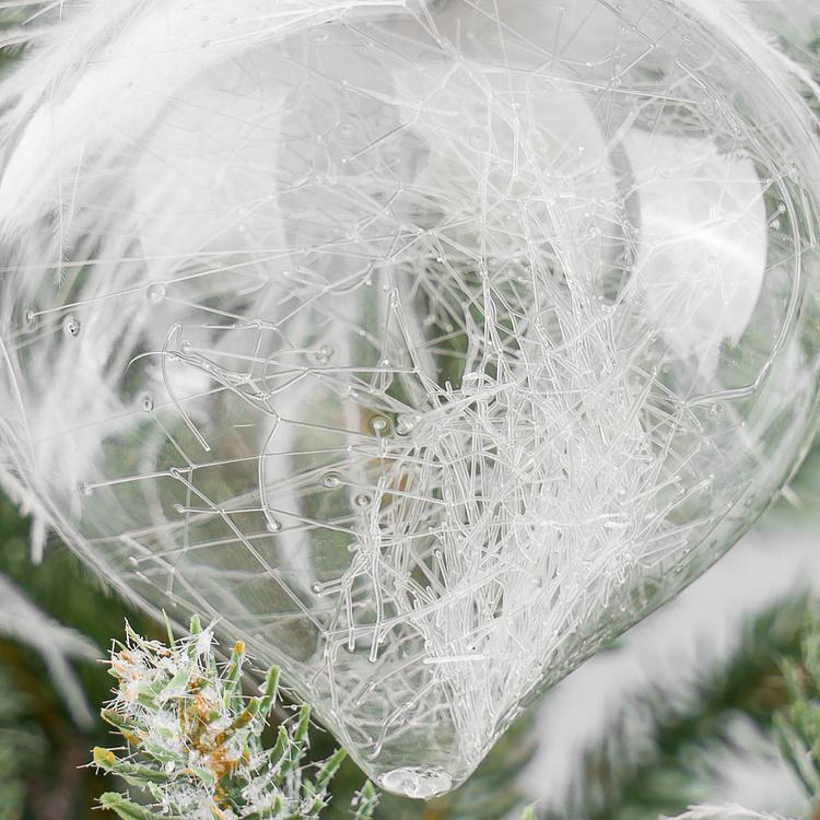 Набор из трёх прозрачных ёлочных игрушек с перьями сверху Set Of 3 Glass Plume Top Thread Ball Clear 8 cm