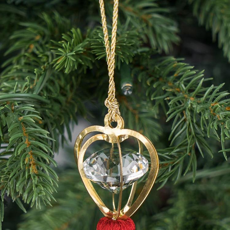 Новогодняя подвеска Хрустальный кулон в форме сердца с красной кисточкой Crystal Heart-Shaped Pendant With Tassel Red 16 cm