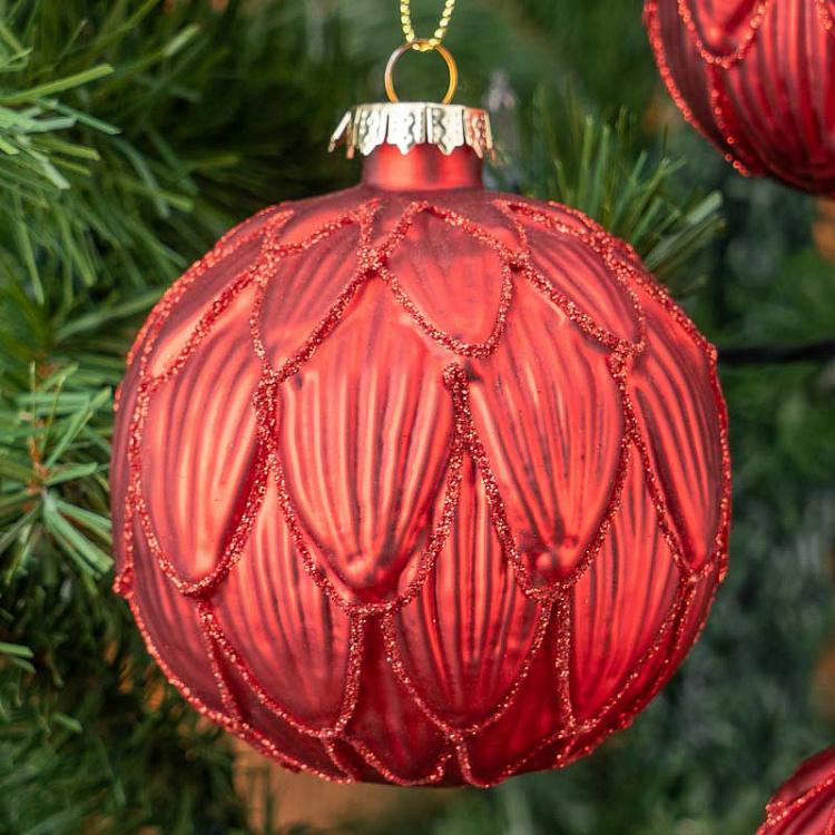Набор из трёх красных ёлочных шаров Лепестки с блёстками Set Of 3 Glass Glitter 3D Petal Balls Red 8 cm