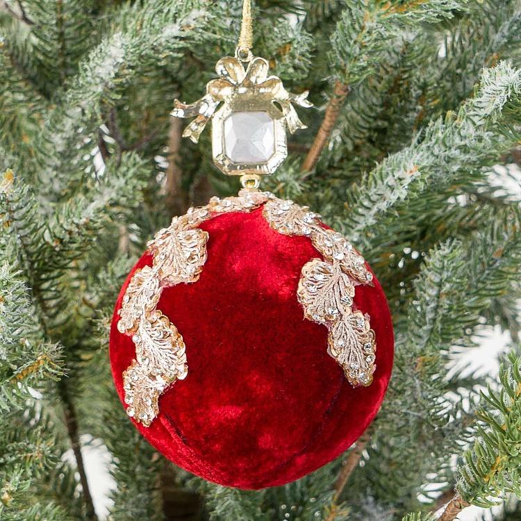 Ёлочная игрушка Красный бархатный шар с золотой аппликацией и бусиной Gold Applique And Bead Velvet Ball Red 15 cm