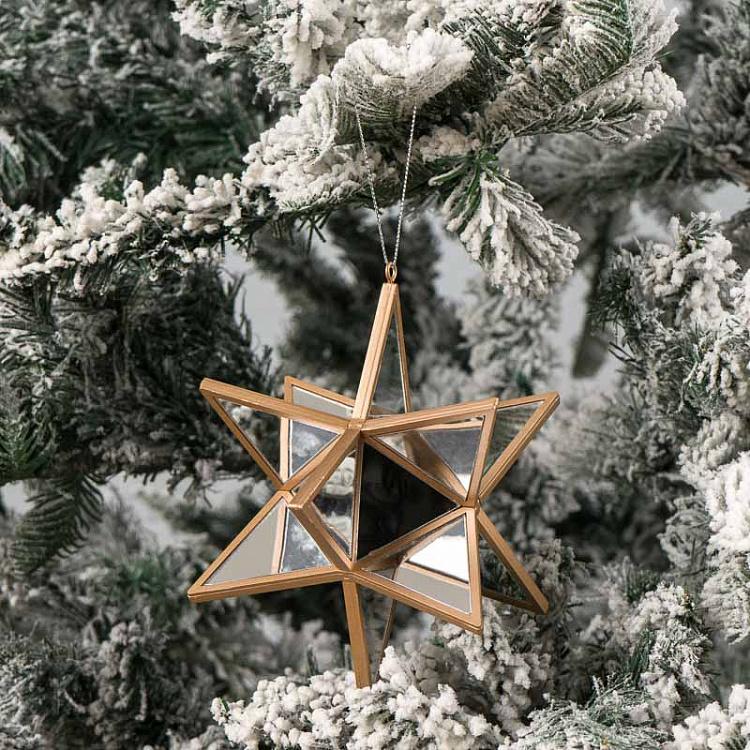 Ёлочная игрушка Зеркальная звезда серебряная с золотом 3D Mirror Star Gold Silver 14 cm