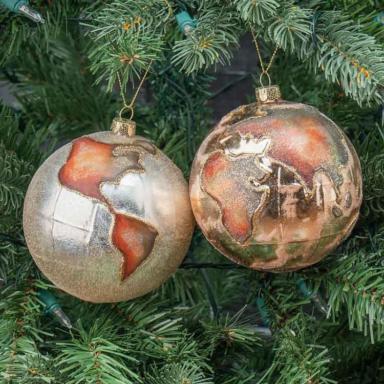 Набор из двух ёлочных игрушек Земной шар Set Of 2 Glass World Globe Ball Gold/Cream 10 cm