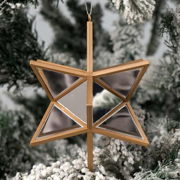 Ёлочная игрушка Зеркальная звезда серебряная с золотом 3D Mirror Star Gold Silver 14 cm