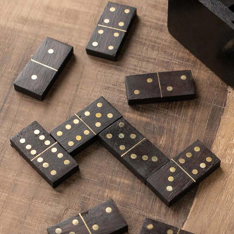 Шкатулка с набором домино, латунные вставки Black Wooden Domino Box Brass Details