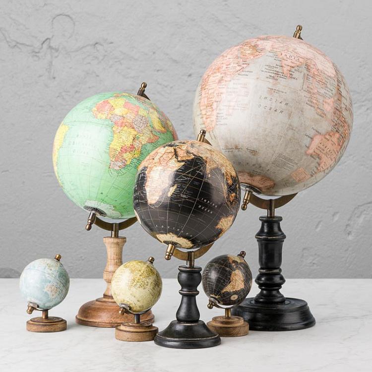 Винтажный голубой глобус на чёрном деревянном основании Vintage Globe Blue On Black Base Mango Wood