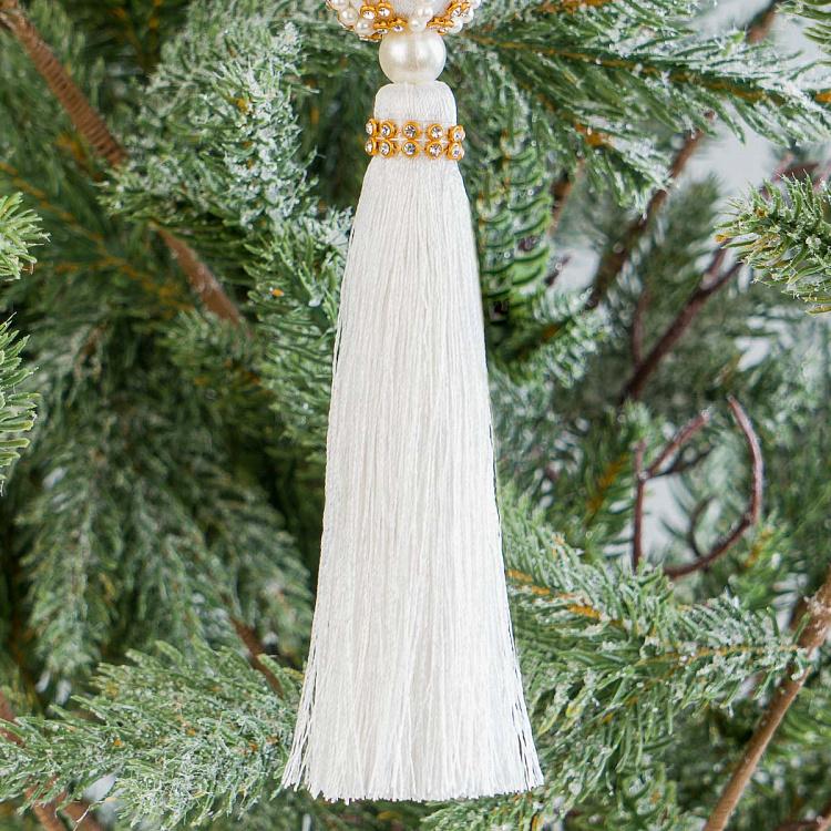 Новогодняя подвеска Белая кисточка с шариком и жемчужинами Pearls Ball Pendant With White Tassel 16 cm