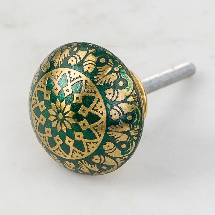 Мебельная ручка из латуни с травлением Рыбки, изумрудная Fish Motif Etched Brass Knob Turquoise
