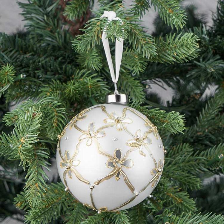 Ёлочная игрушка Белый шар с золотыми цветами Golden Flowers Ball White 10 cm