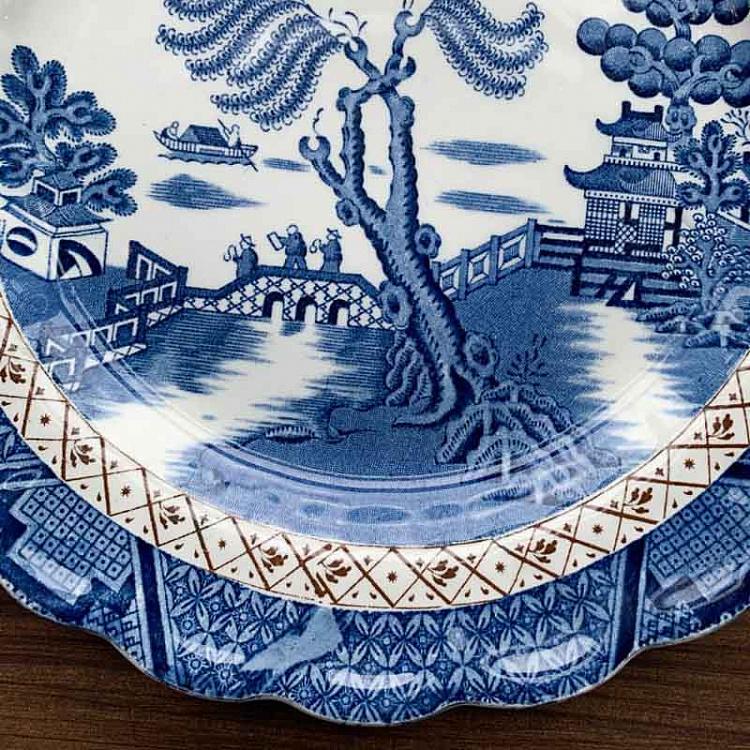 Винтажная тарелка белая с голубым мотивом 2, L Vintage Plate Blue White Large 2