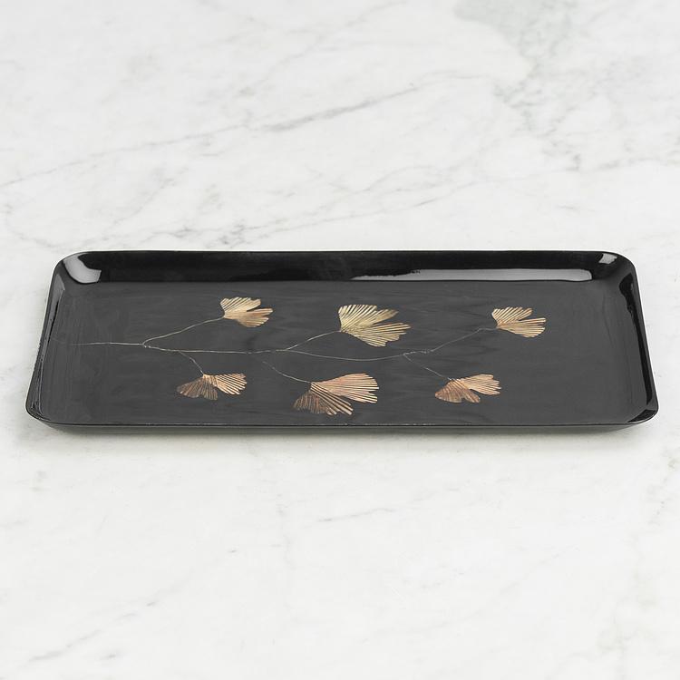 Железный поднос с узором Гинкго чёрно-золотистого цвета Ginkgo Black And Gold Trinket Tray