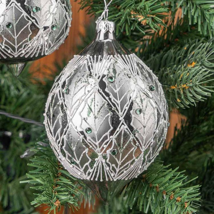 Набор из трёх ёлочных шаров Листва Set Of 3 Glass Leaf Net Ball And Drops Green/White 10 cm