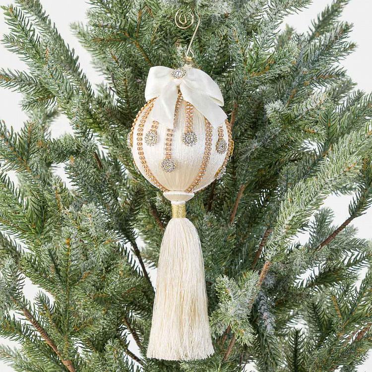 Новогодняя подвеска Бежевый шар с бантом, стразами и кисточкой Rhinestones Beige Ball Pendant With Tassel 26 cm