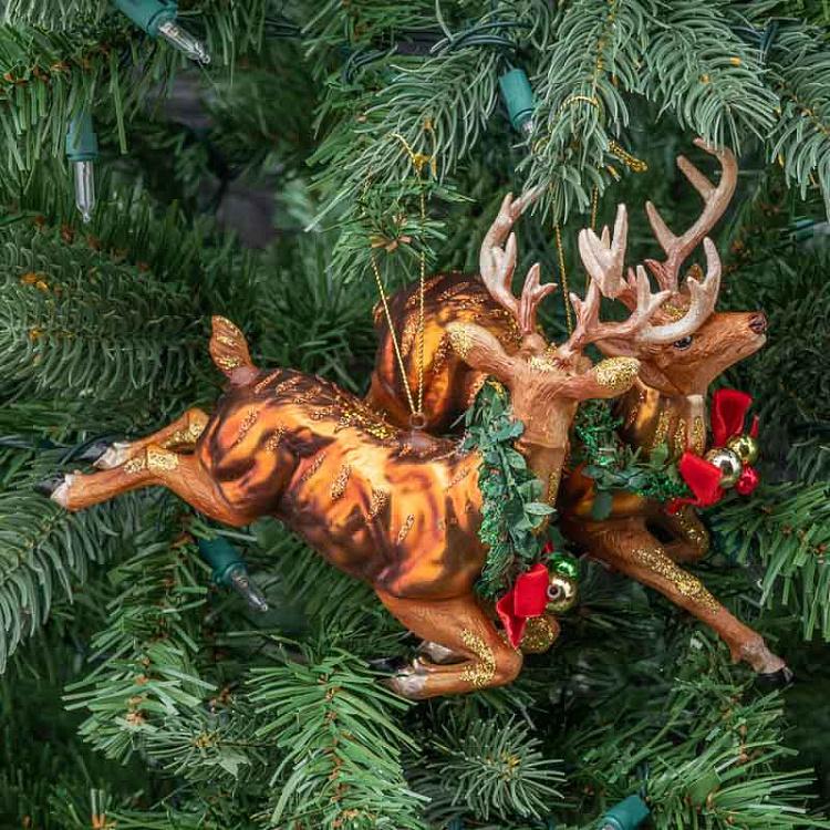 Набор из двух ёлочных игрушек Олени в прыжке Set Of 2 Glass Jumping Xmas Deers Brown 17,5 cm