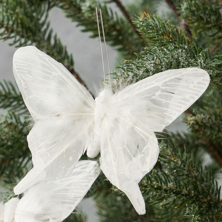 Набор из трёх ёлочных игрушек на клипсе Белые бабочки Set Of 3 Plume Butterflies On Clip White 11 cm