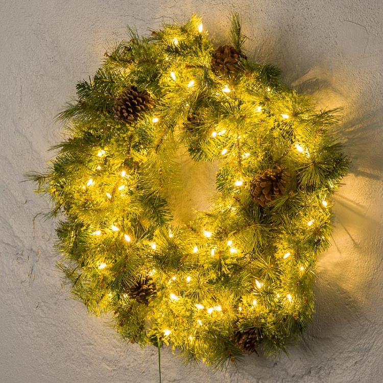 Новогодний венок с шишками и гирляндой 100 Led Pinecone Wreath Green 76 cm