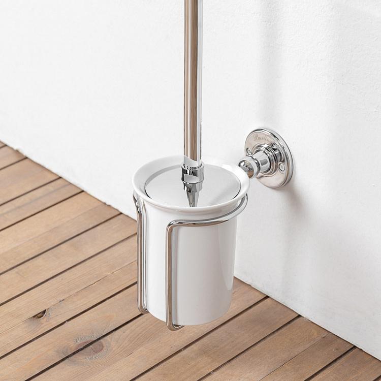 Настенный белый держатель с ёршиком в подставке цвета хром Brush Holder Chrome