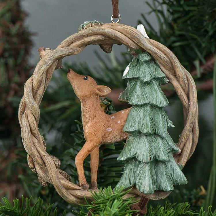 Набор из трёх ёлочных игрушек Олени и лиса в венке Set Of 3 Deers And Fox In Wreath 10 cm