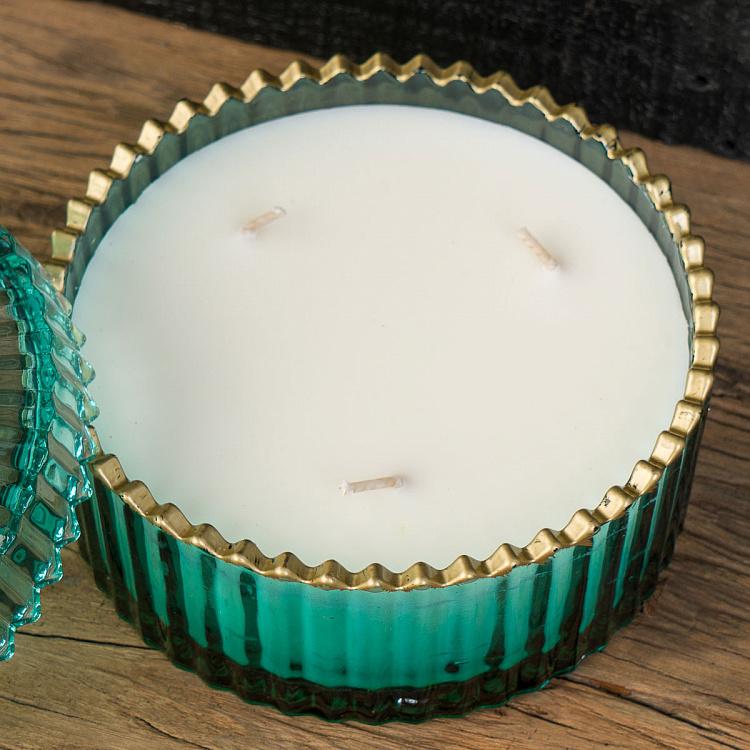 Аромасвеча в мятном рифлёном стакане Белый жасмин, L Aroma Candle In Mint Striped Glass White Jasmine Large