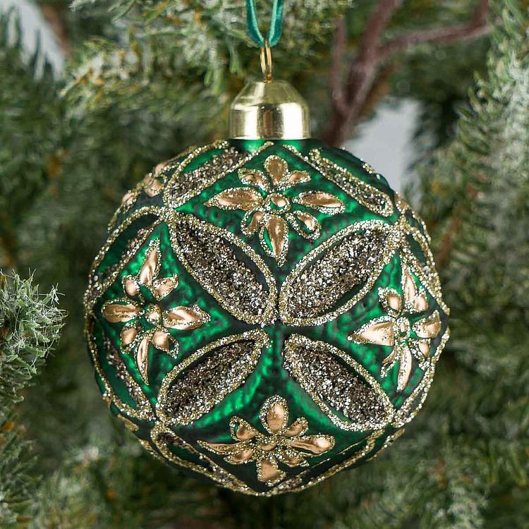 Ёлочная игрушка Зелёный многогранный шар с золотыми цветами, S Golden Flowers Multifaceted Ball Green 8 cm