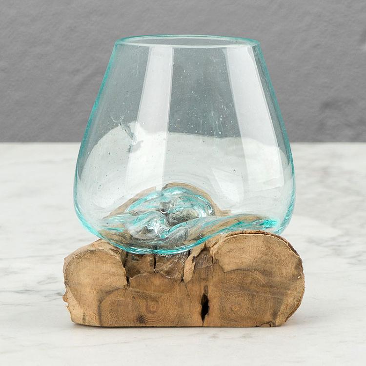 Стеклянная мини-ваза на основании из корней тика Vase En Verre Sur Support Racine