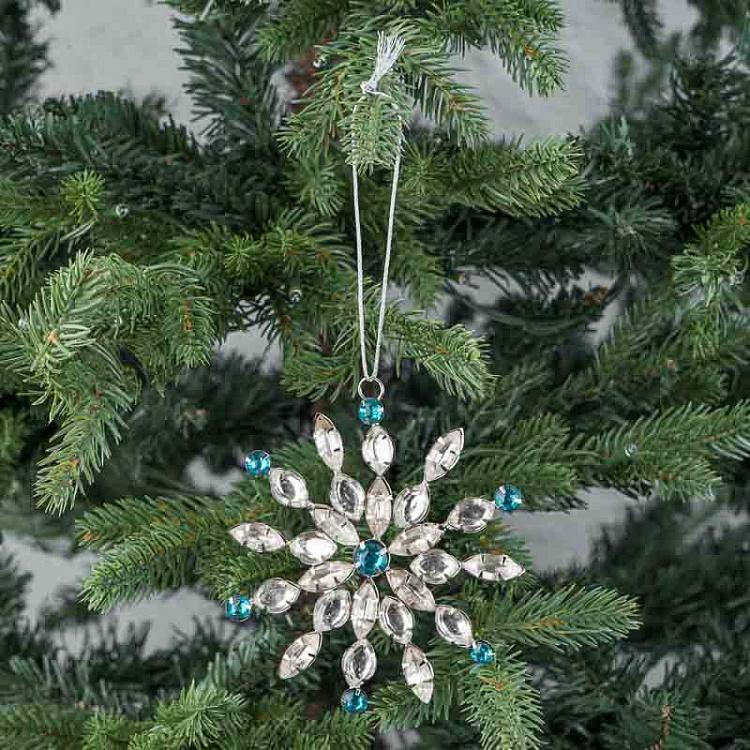 Ёлочная игрушка Серебристая снежинка с прозрачными и голубыми стразами, S Transparent Blue Stones Snowflake Silver 11 cm