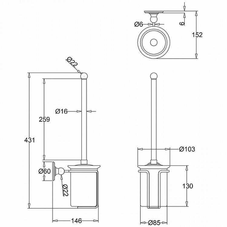 Настенный белый держатель с ёршиком в подставке золотого цвета Brush Holder Gold