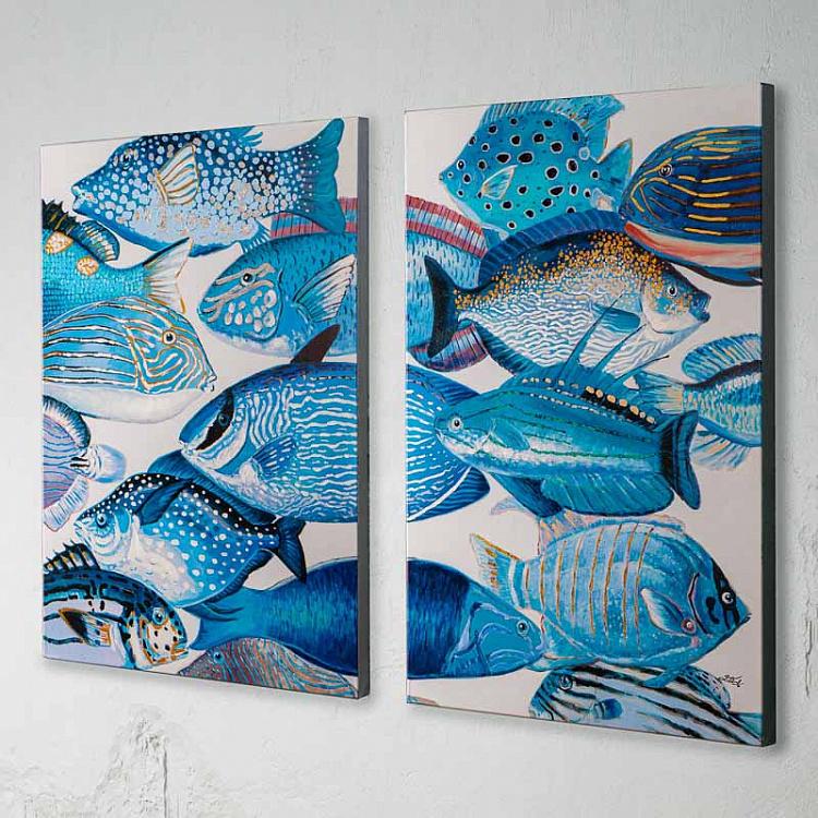 Картина диптих Голубые рыбы, акрил, холст Set Of 2 Canvas Acrylic Painting Blue Fish