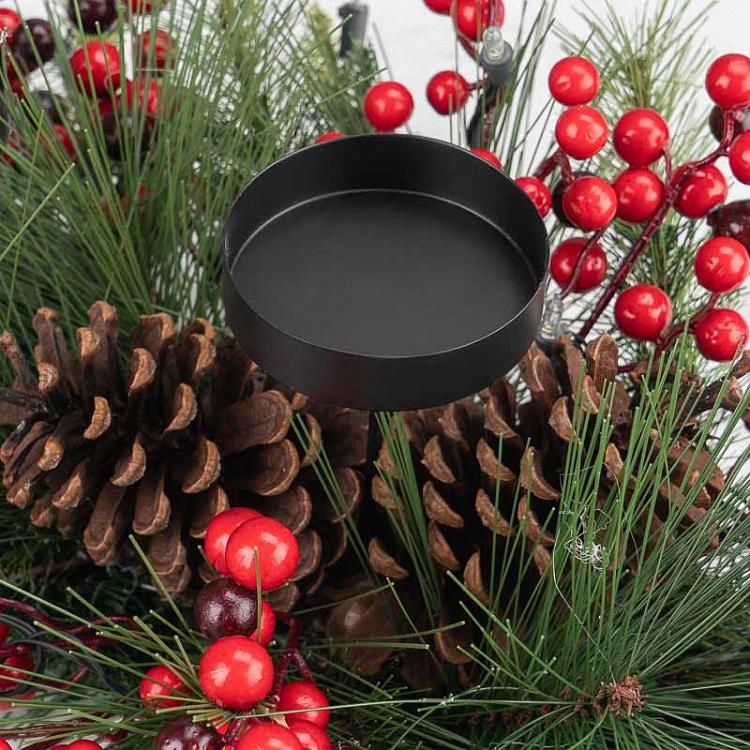 Светодиодный подсвечник-венок на батарейках с шишками и ягодами Led Lantern Metal Pine/Berry On 3 Batteries
