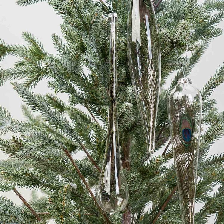Набор из трёх ёлочных игрушек с пером павлина внутри Set Of 3 Glass Peacock Plume Icicle Drop 30 cm