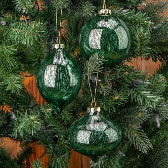 Set Of 3 Glass Metal Scratched Balls Green 10 cm