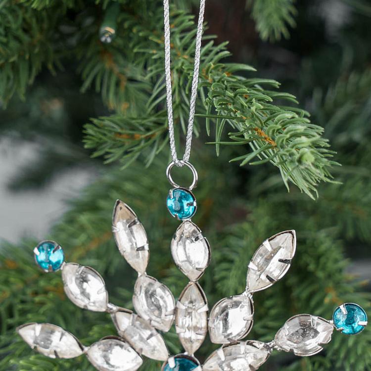 Ёлочная игрушка Серебристая снежинка с прозрачными и голубыми стразами, S Transparent Blue Stones Snowflake Silver 11 cm